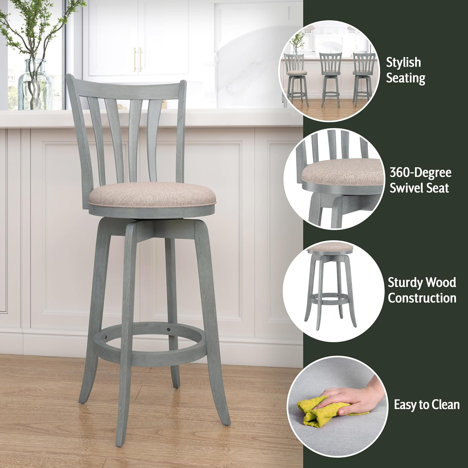 Furniture Savana Wood Bar Height Stool, 30″ High, Blue Wire Brush