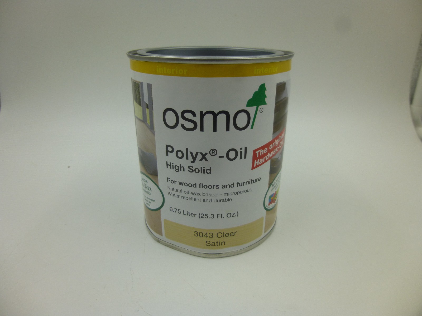 DENTED .75 LITER CAN OF OSMO 3043 CLEAR SATIN POLYX OIL HIGH SOLID INTERIOR