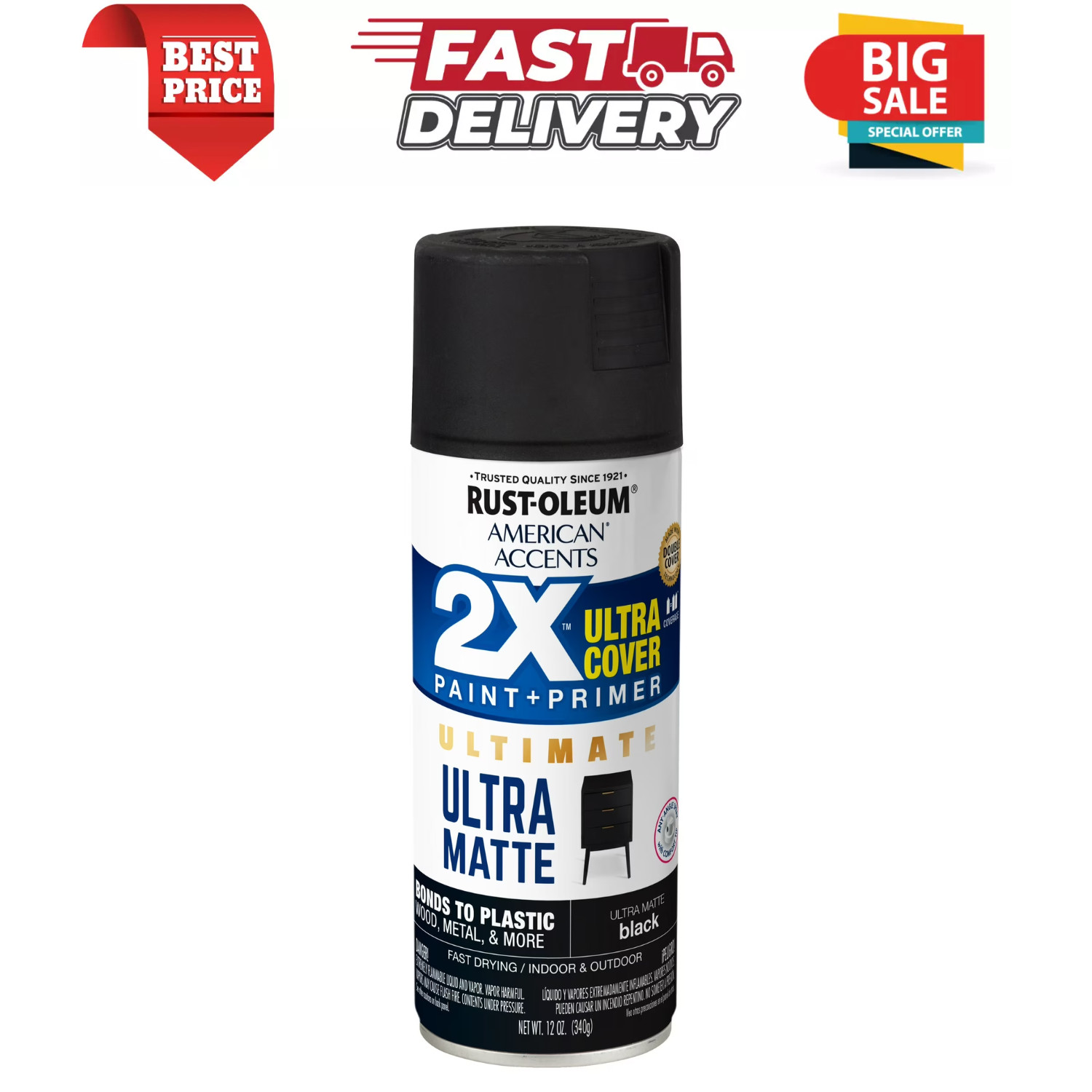 Black, Rust-Oleum American Accents 2X Ultra Cover Ultra Matte Spray Paint, 12 oz