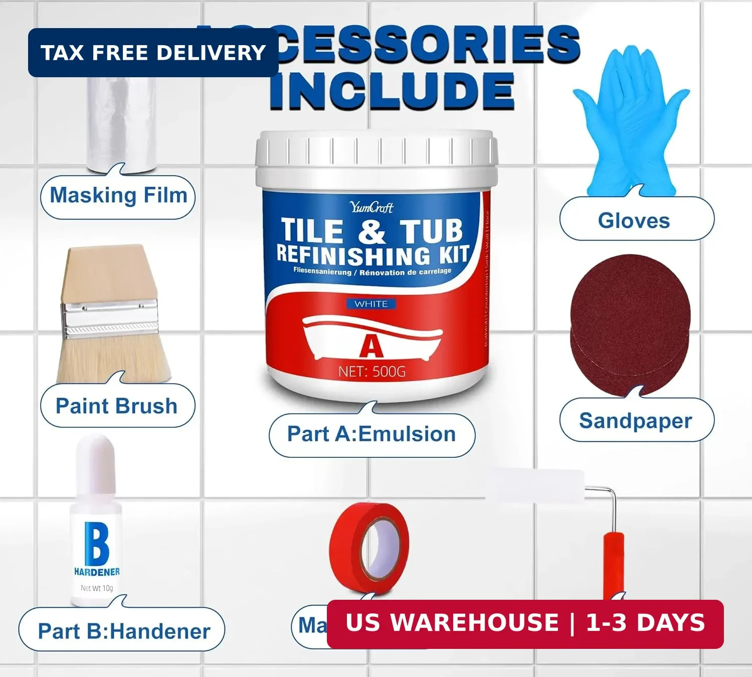Tub and Tile Refinishing Kit, 17Oz/500G Tile Paint with Tools and Hardener – Sem