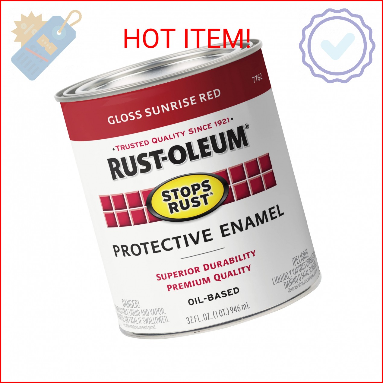 Rust-Oleum 7762502 Stops Rust Brush On Paint, Quart, Gloss Sunrise Red, (Pack of