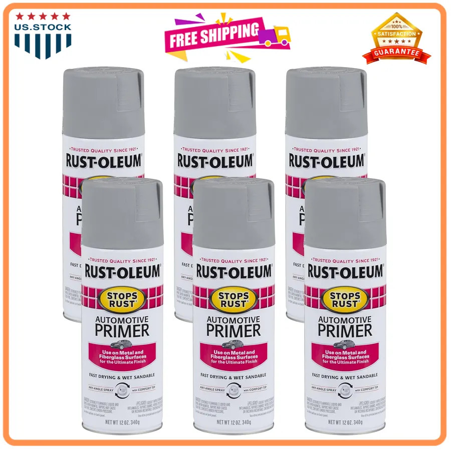 Rust-Oleum Stops Rust Automotive Primer Spray Flat Light Gray 12oz 6 Pack