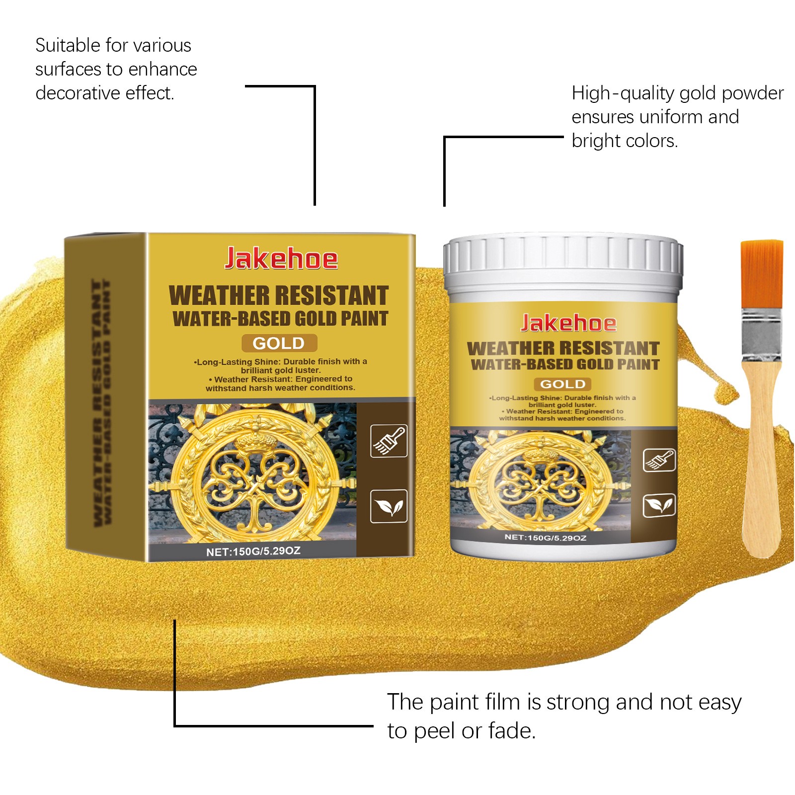 Weather Resistant Gold Paint,Water-Based Outdoor Paint,For Metal Wood Stone 150G