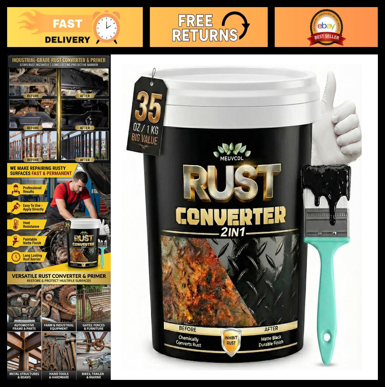 2-in-1 Rust Converter & Metal Primer 35oz – Black Rust Reformer Paint for Traile