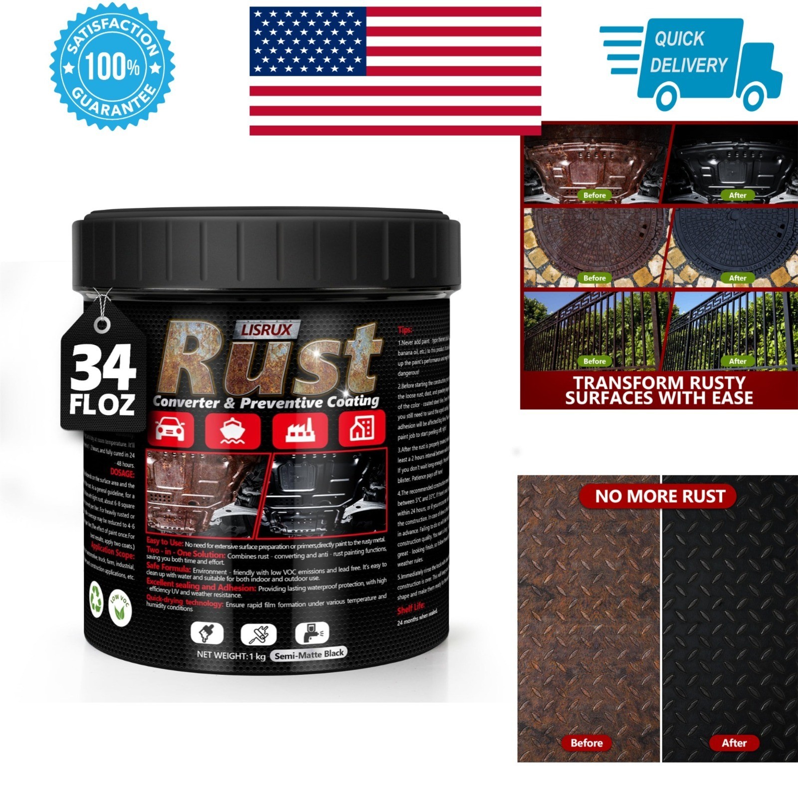 4-in-1 Rust Converter & Metal Primer – 34 Fl Oz Black Paint