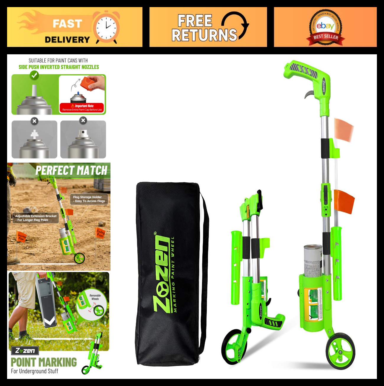 Adjustable Marking Paint Wand with 20 Flags & Holder, Foldable Carry Bag, 3-Line