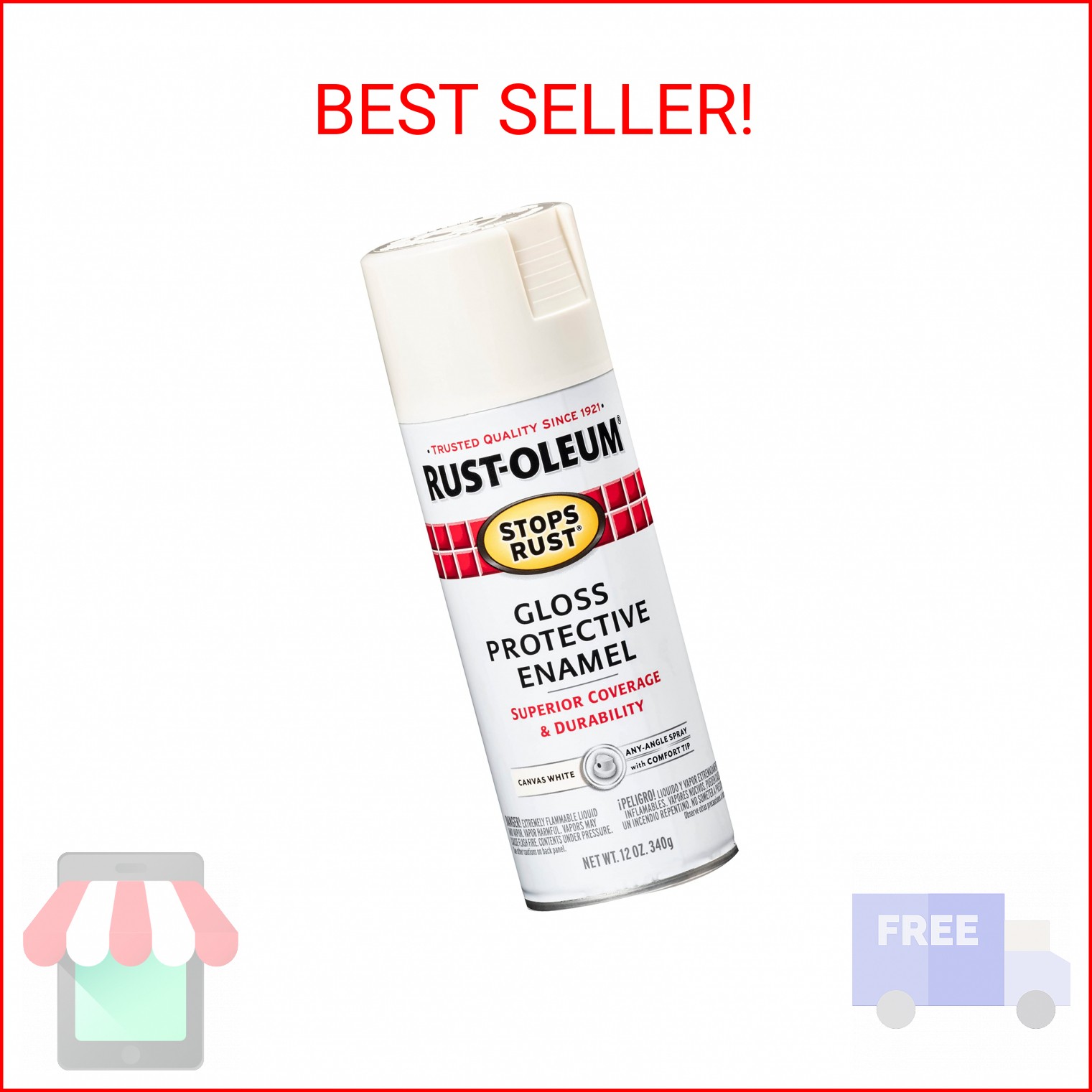 Rust-Oleum 7789830 Stops Rust Spray Paint, 12 oz, Gloss Canvas White