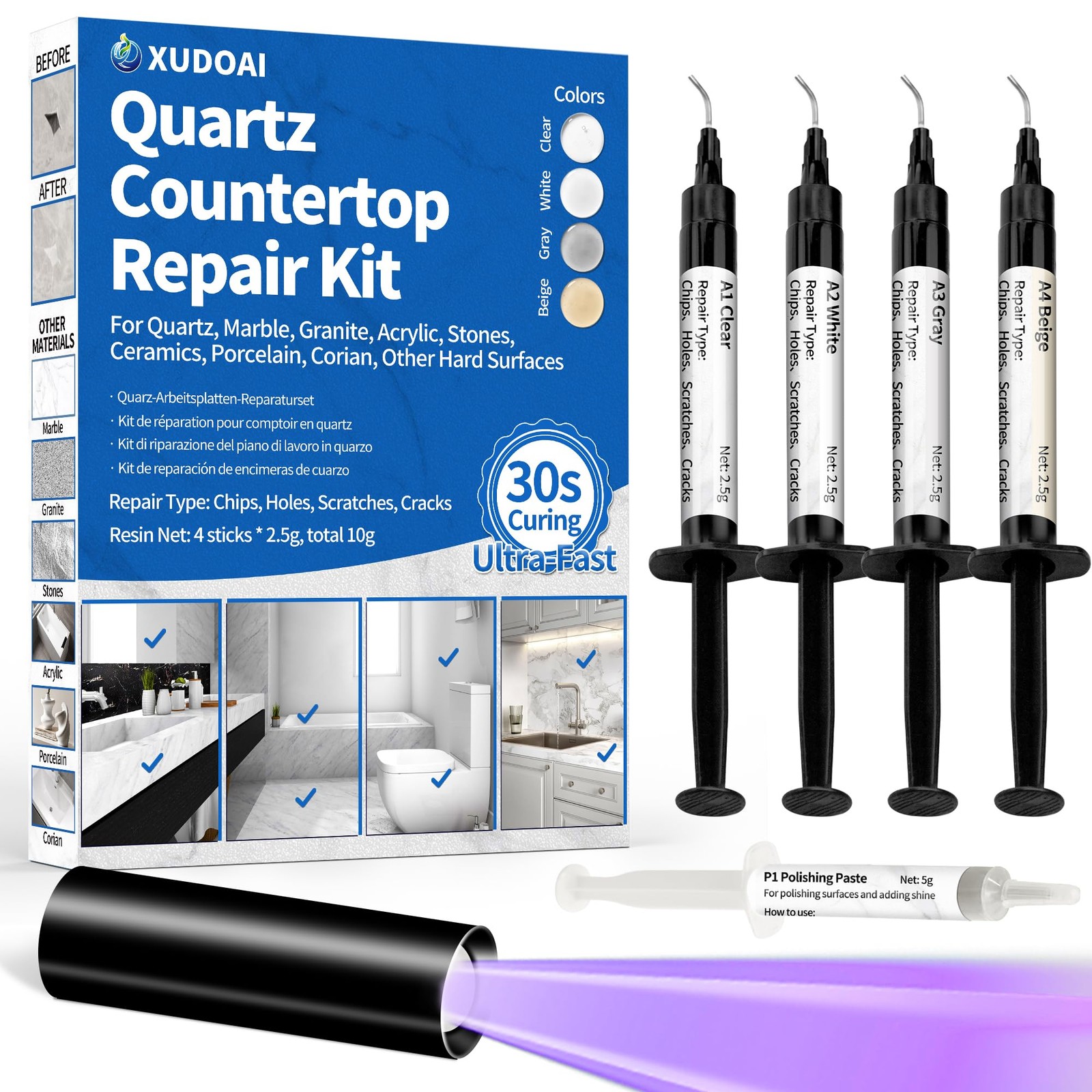 Quartz Countertop Repair Kit (Clear, White, Gray, Beige) 30s Fast DIY Fix Lux…