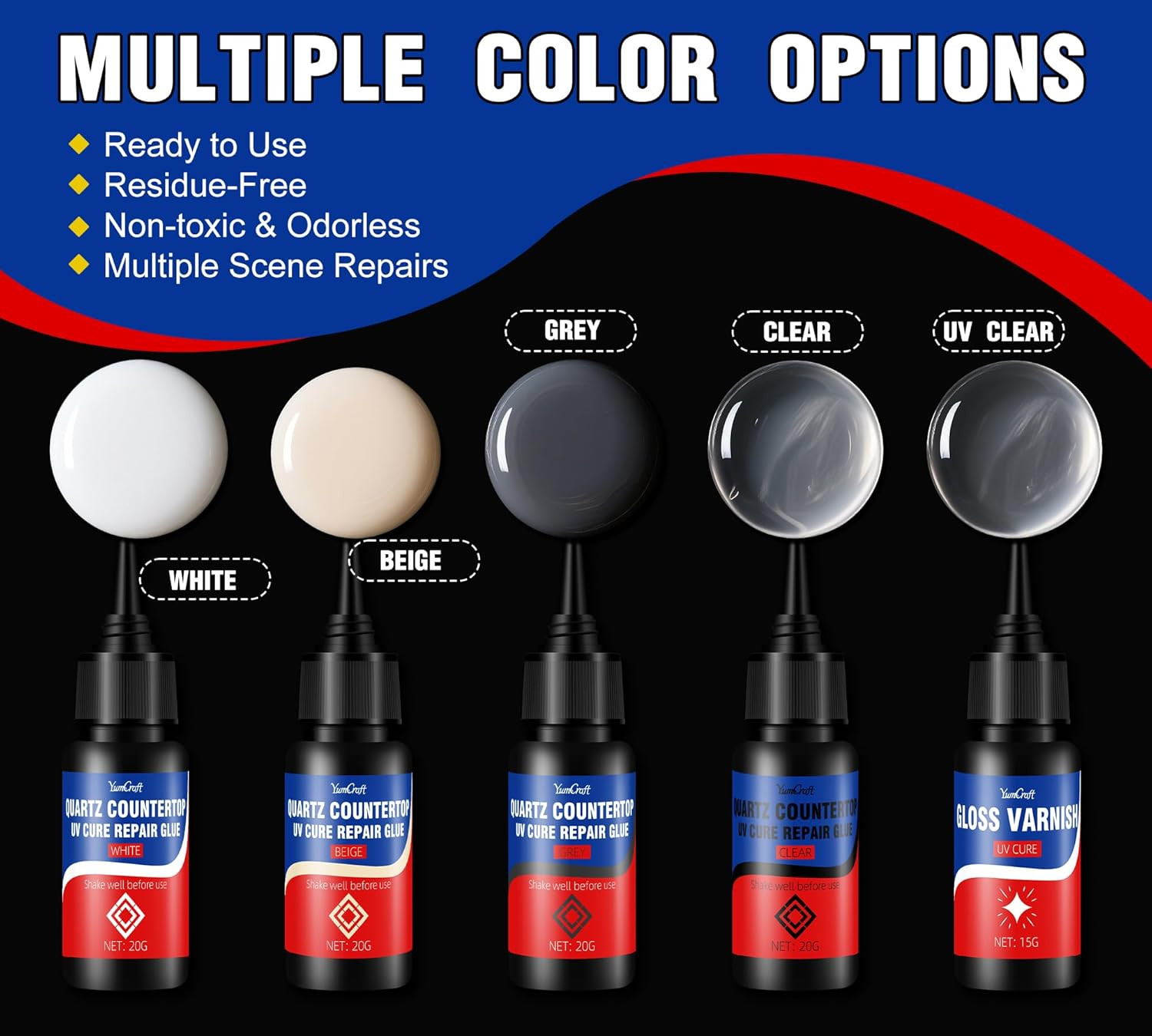 Quartz Countertop Repair Kit [30s UV Light Cure], 4 Colors(White, Gray, Beige…