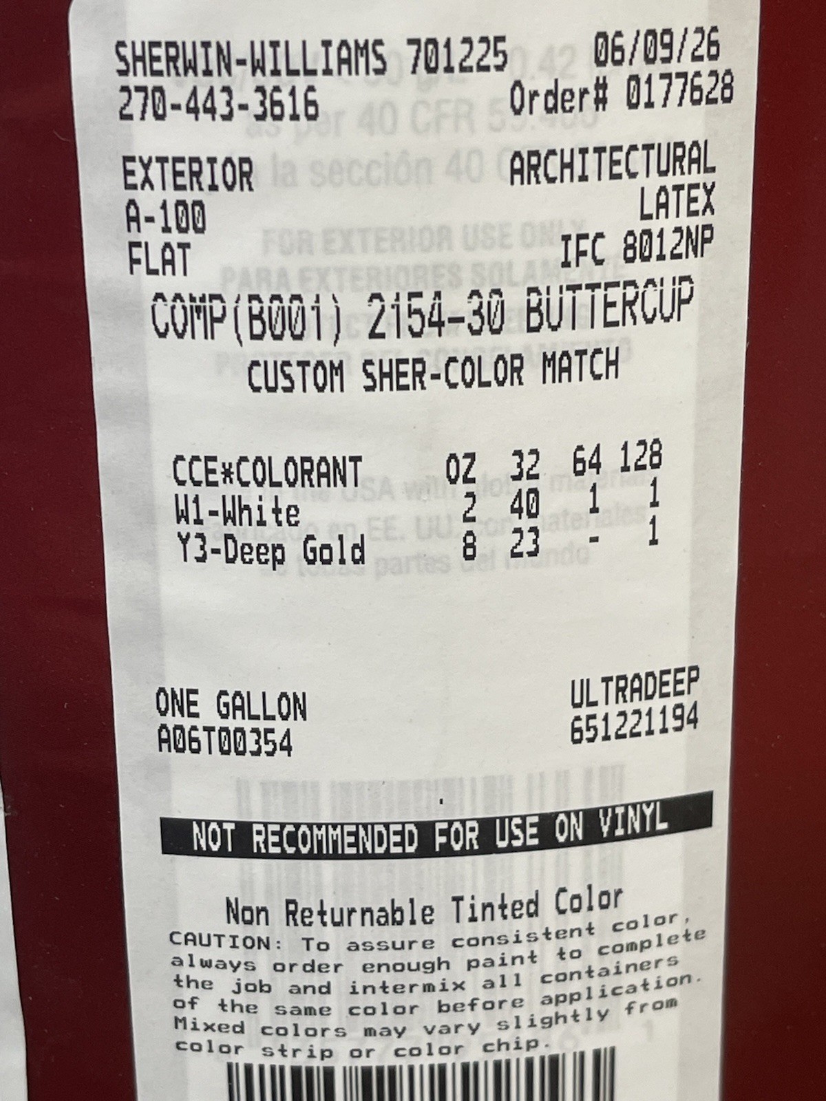 1 Gal. Sherwin Williams A-100 Exterior Flat Acrylic Paint/Buttercup Yellow