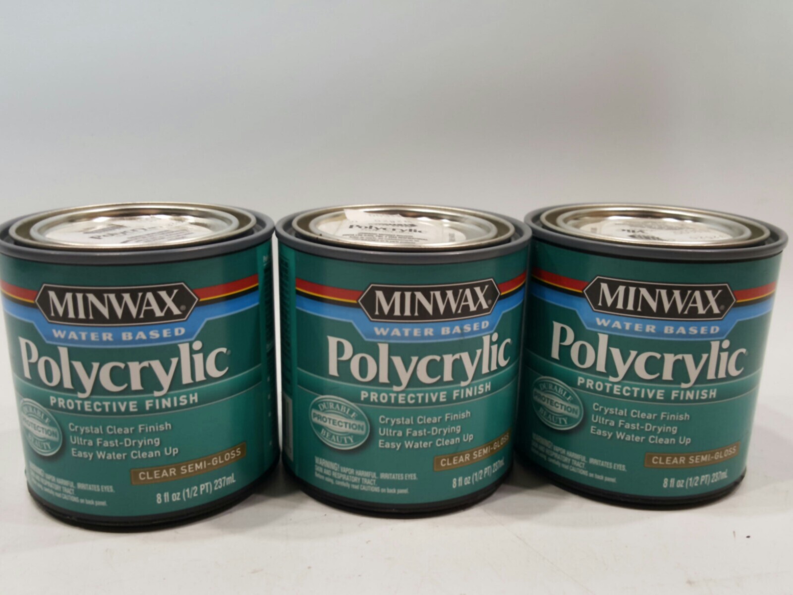 Minwax 24444 Polycrylic Clear Semi Gloss Protect Finish 1/2 Pint W/Based QTY-3