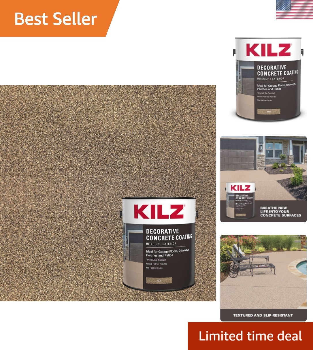 Decorative Concrete Coating, Interior/Exterior, Slip Resistant, Tan, 1 Gallon