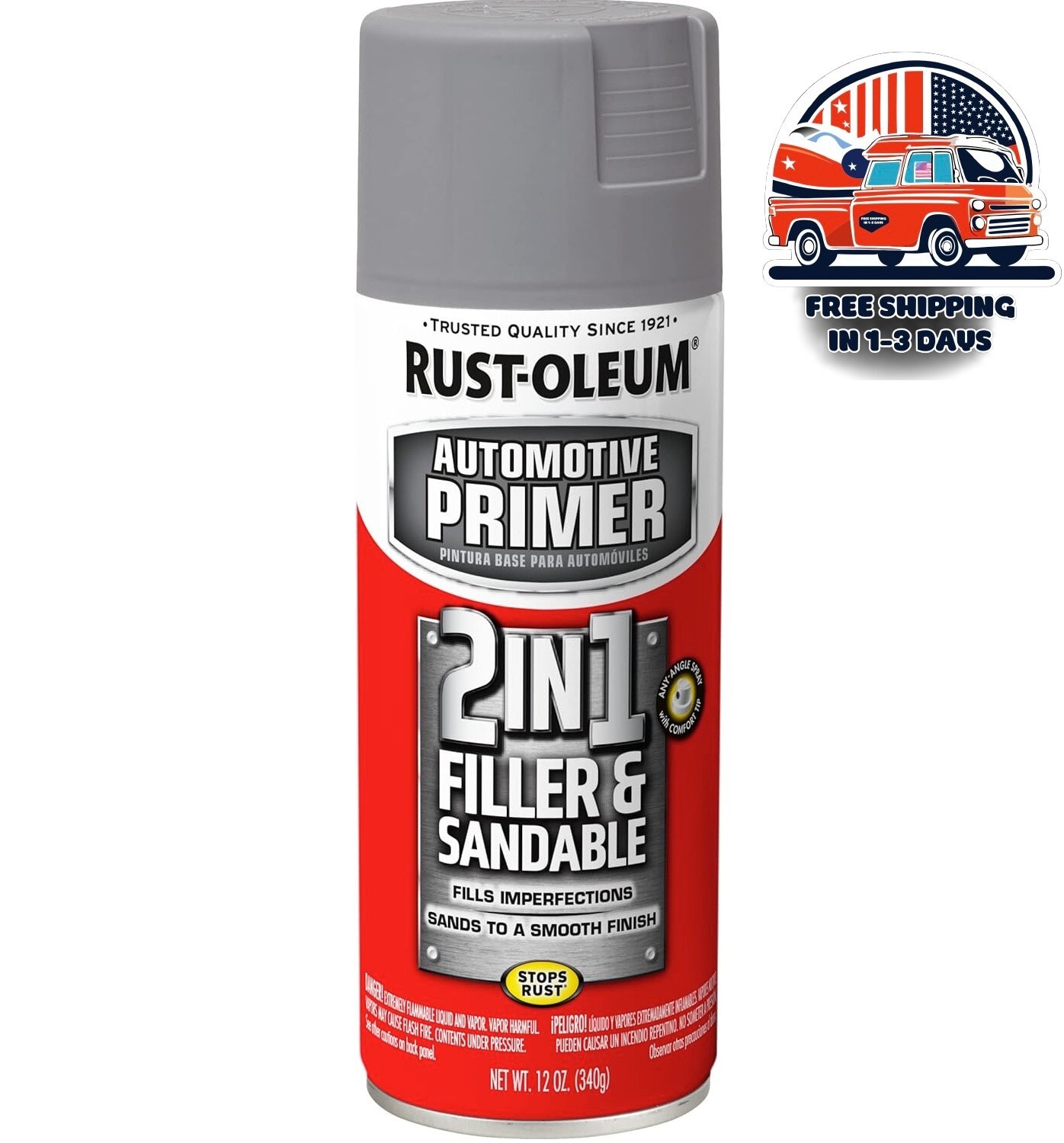 1 Pack Rust-Oleum Automotive 2 in 1 Filler Sandable Primer Spray Paint 12oz Gray