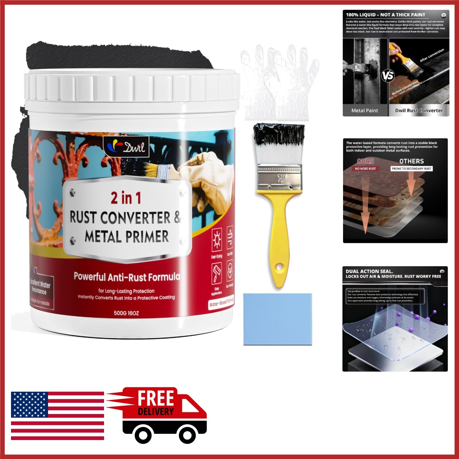 2 in 1 High-Flow Metal Paint for Rust Prevention and Protection, Black 16 oz