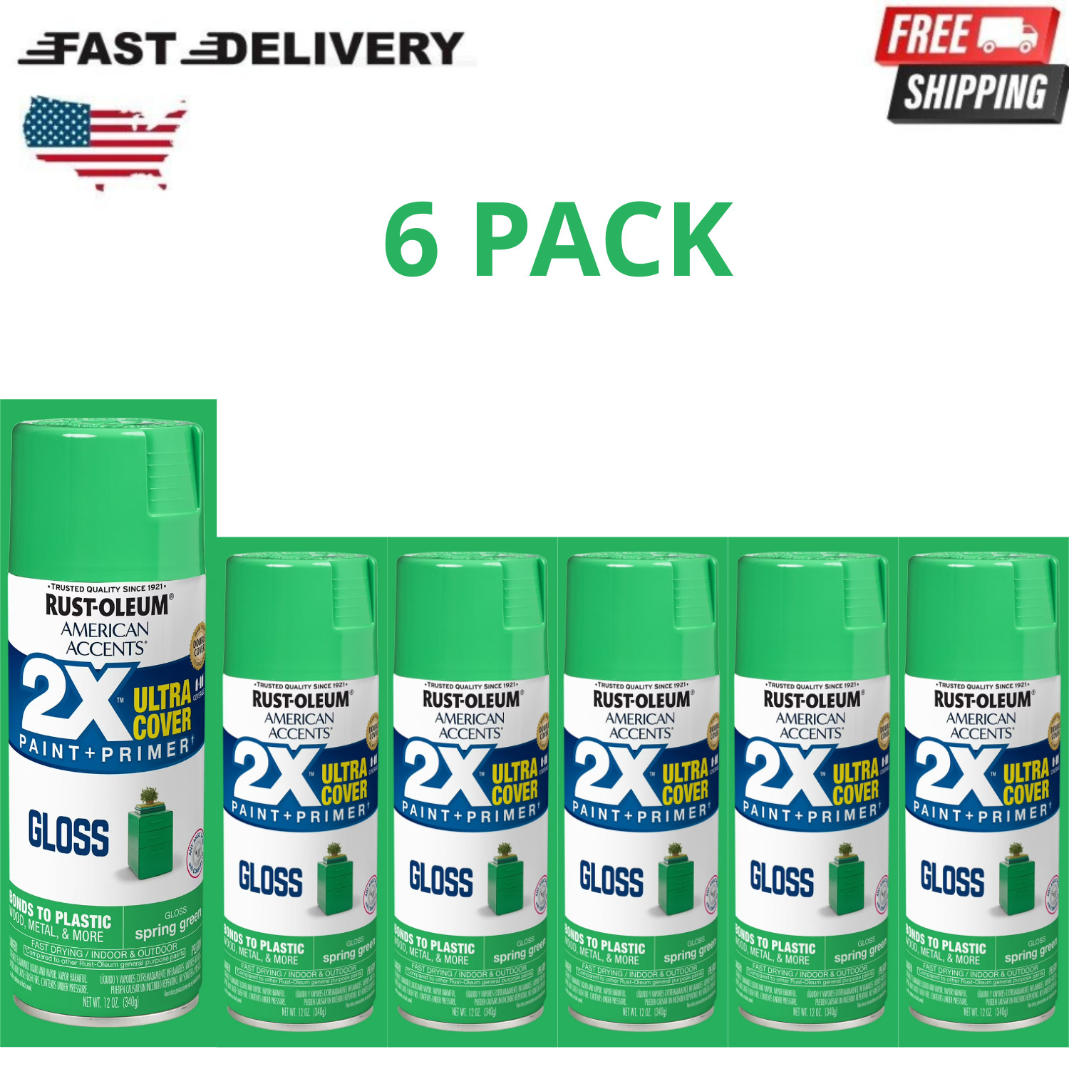 Rust-Oleum 2X Ultra Cover Gloss Spray Paint Spring Green 12oz, 6 Pack