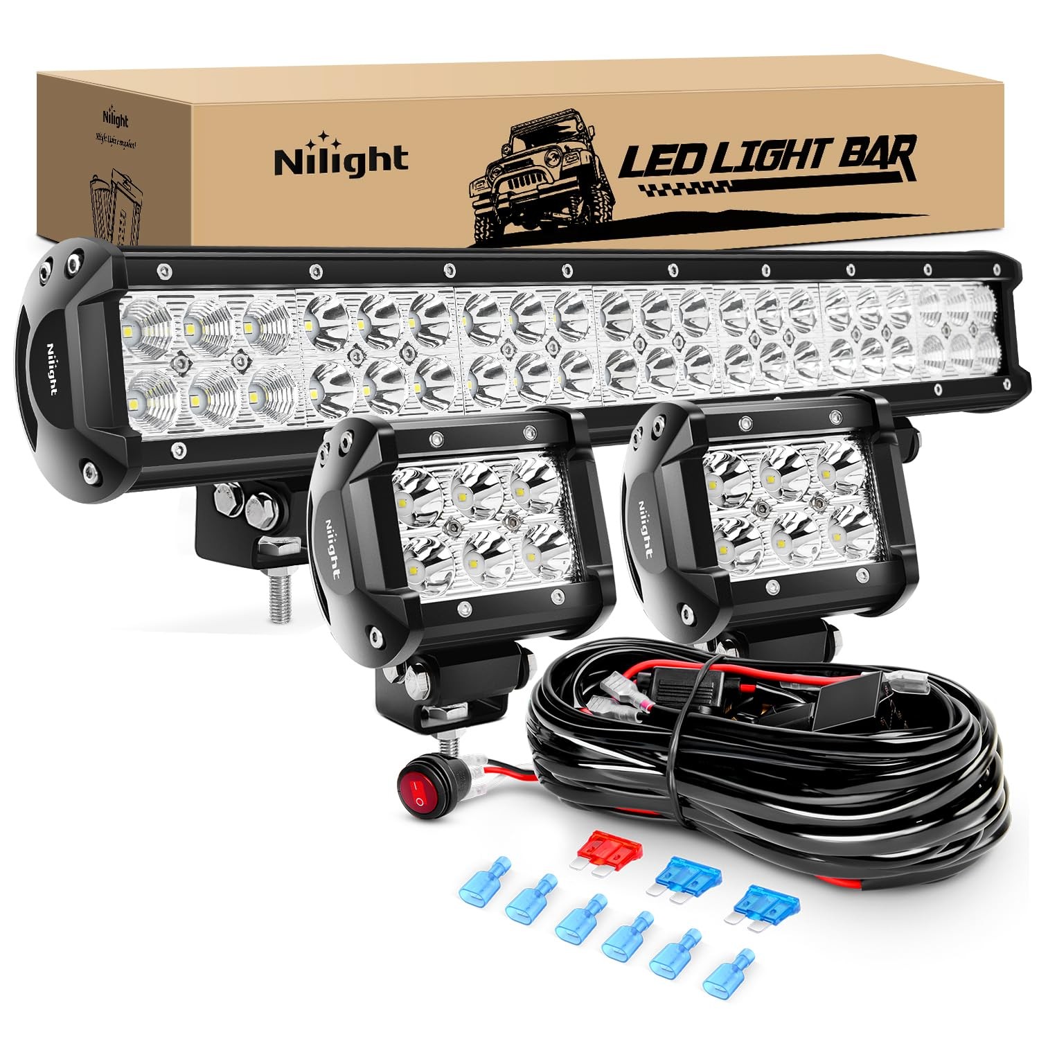 Nilight – ZH002 20Inch 126W Spot 4 Inch, White – 1 Bar + 2 Pods + Wiring Kit
