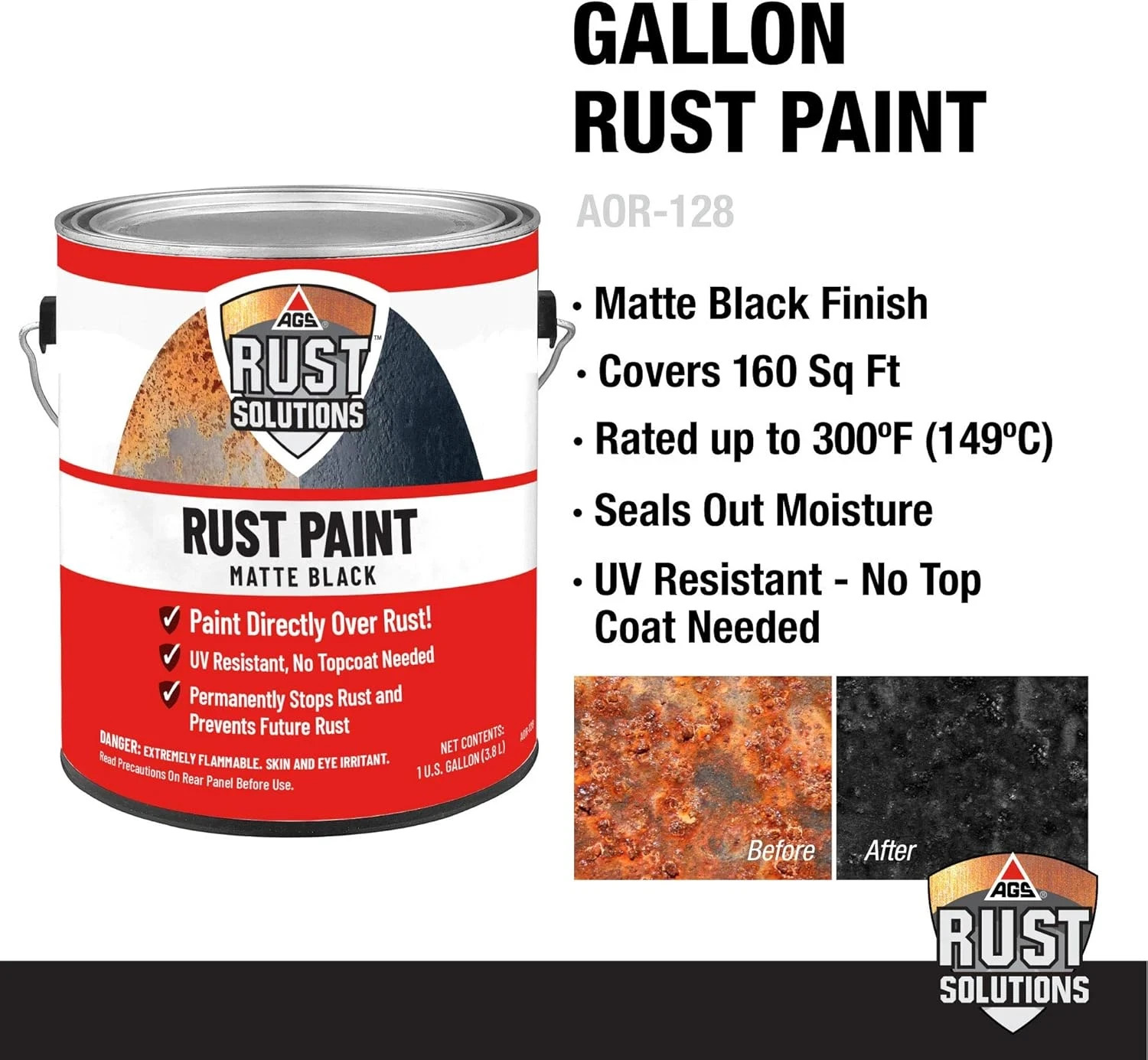 Apply over Rust Paint, Matte Black Finish, 1 Gallon, AOR-128