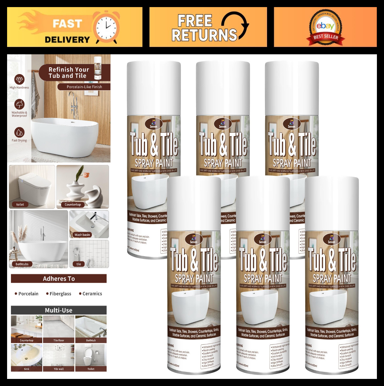 White Gloss Tub & Tile Spray Paint – Waterproof Ceramic Resurfacing Kit, 6 Pack