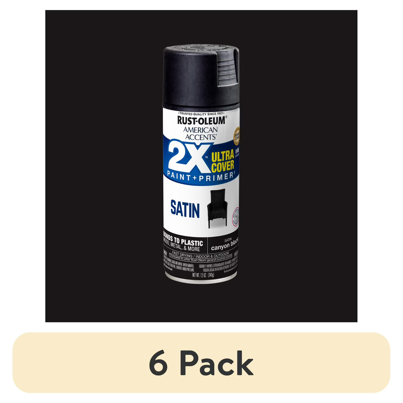 6 pack Canyon Black, Rust-Oleum American Accents 2X Ultra Cover Satin Spray…