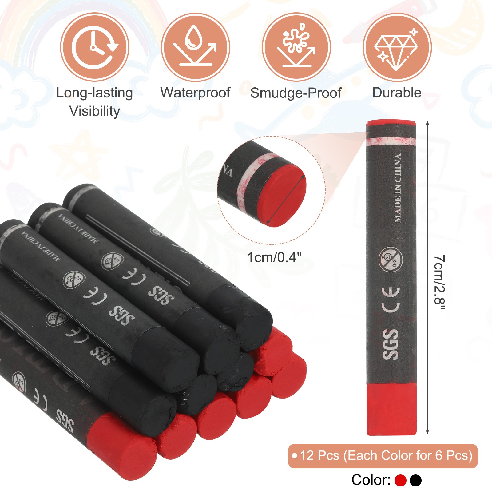12Pcs Lumber Marking Crayons, 2.8″ x 0.4″ Tire Marker Drawing Crayons(Black/Red)