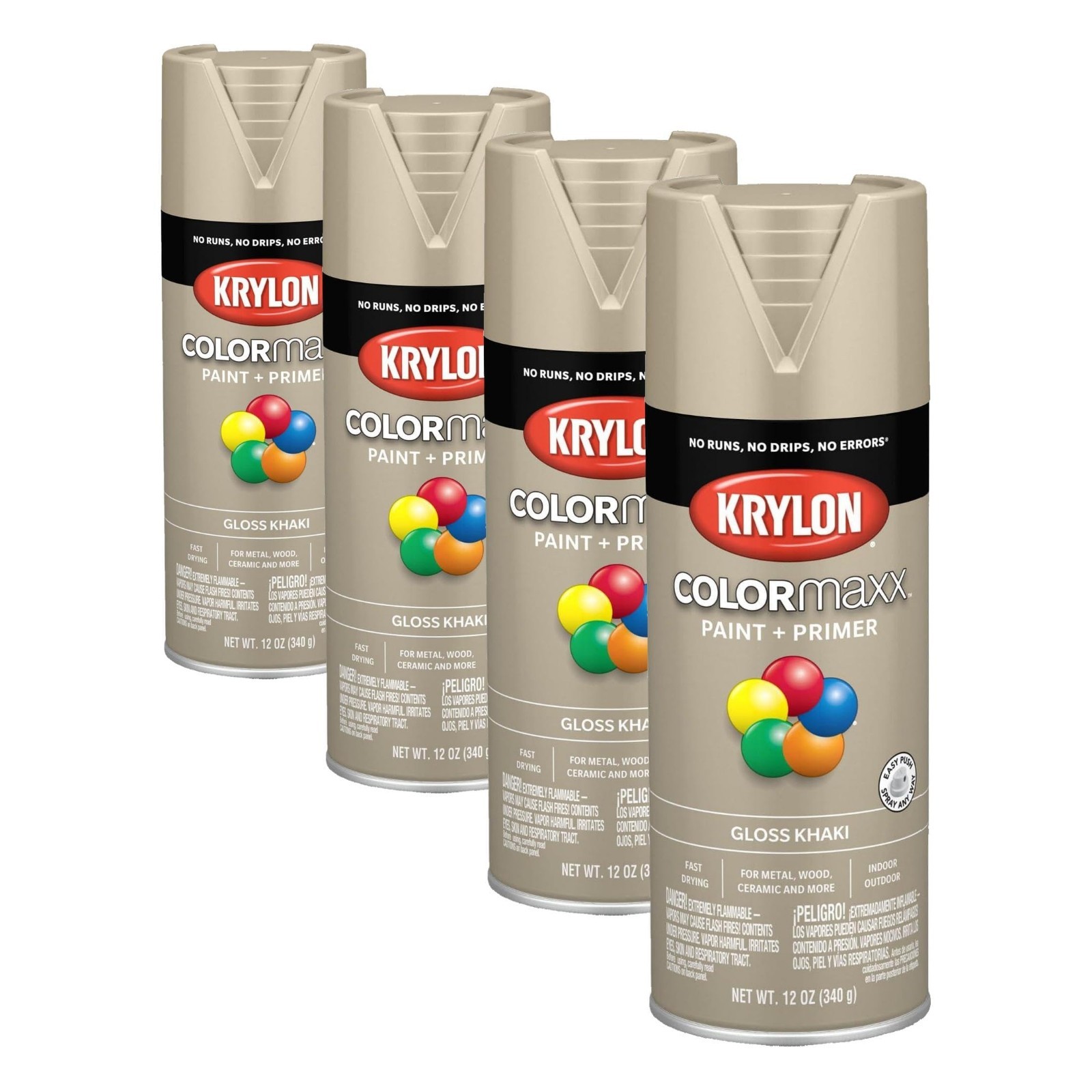 Gloss Khaki Spray Paint & Primer for Indoor/Outdoor Use – 12oz, Pack of 4