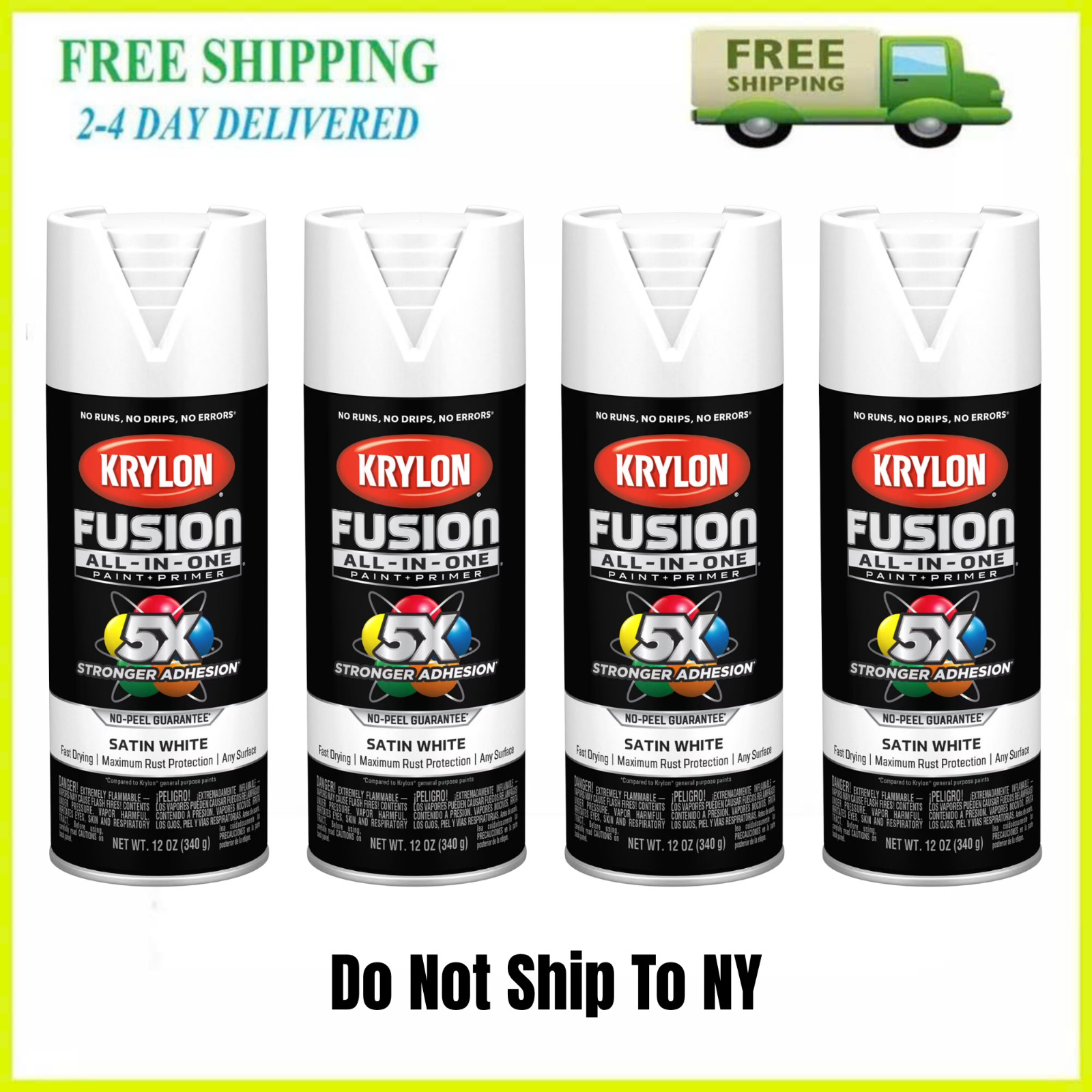 4 Pack Krylon K02753007 Fusion All-In-One White Satin Spray Paint Primer 12 oz