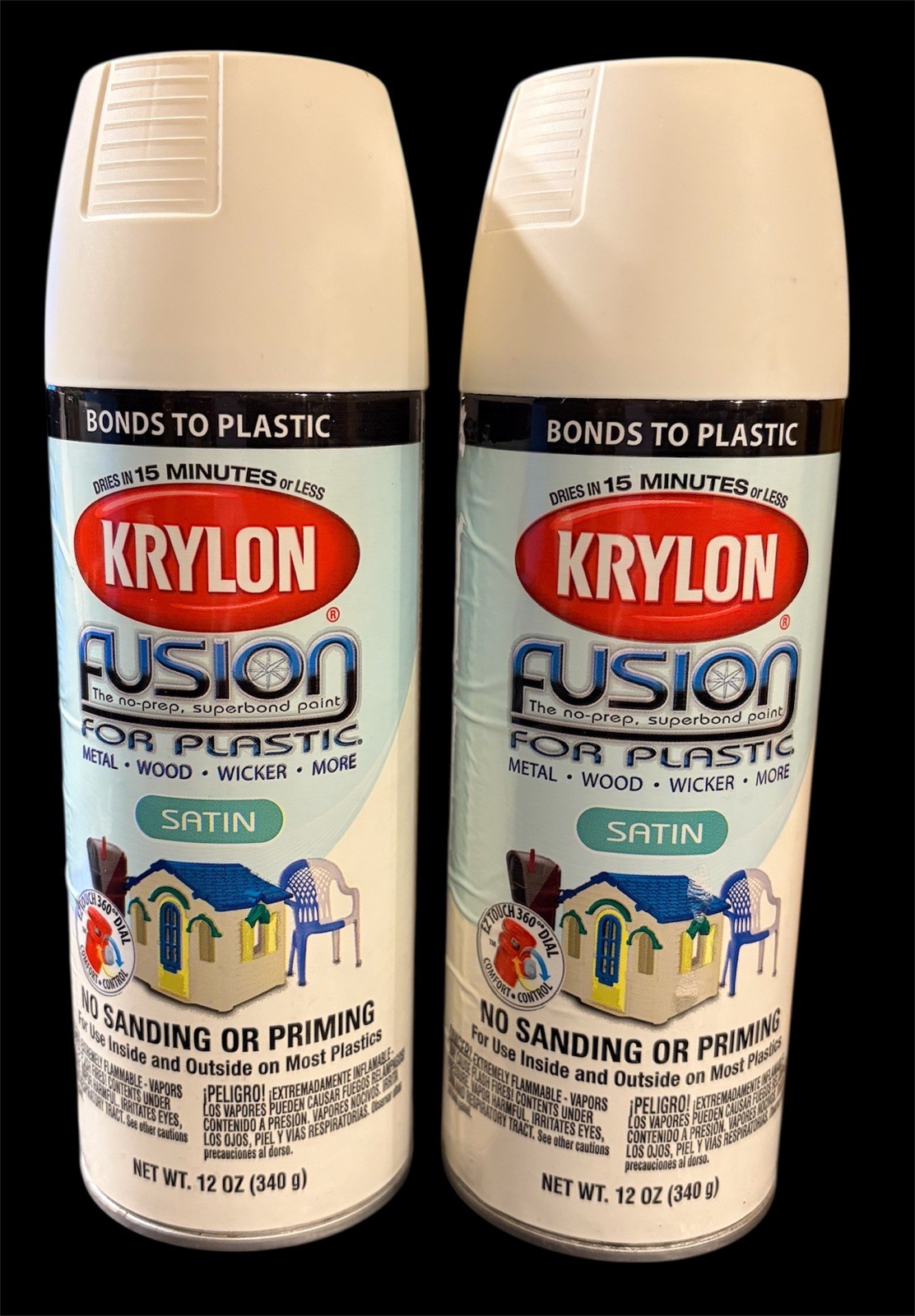 Lot of 2- Krylon Fusion for Plastic Spray Paint Satin Dover White 2322, 12 oz
