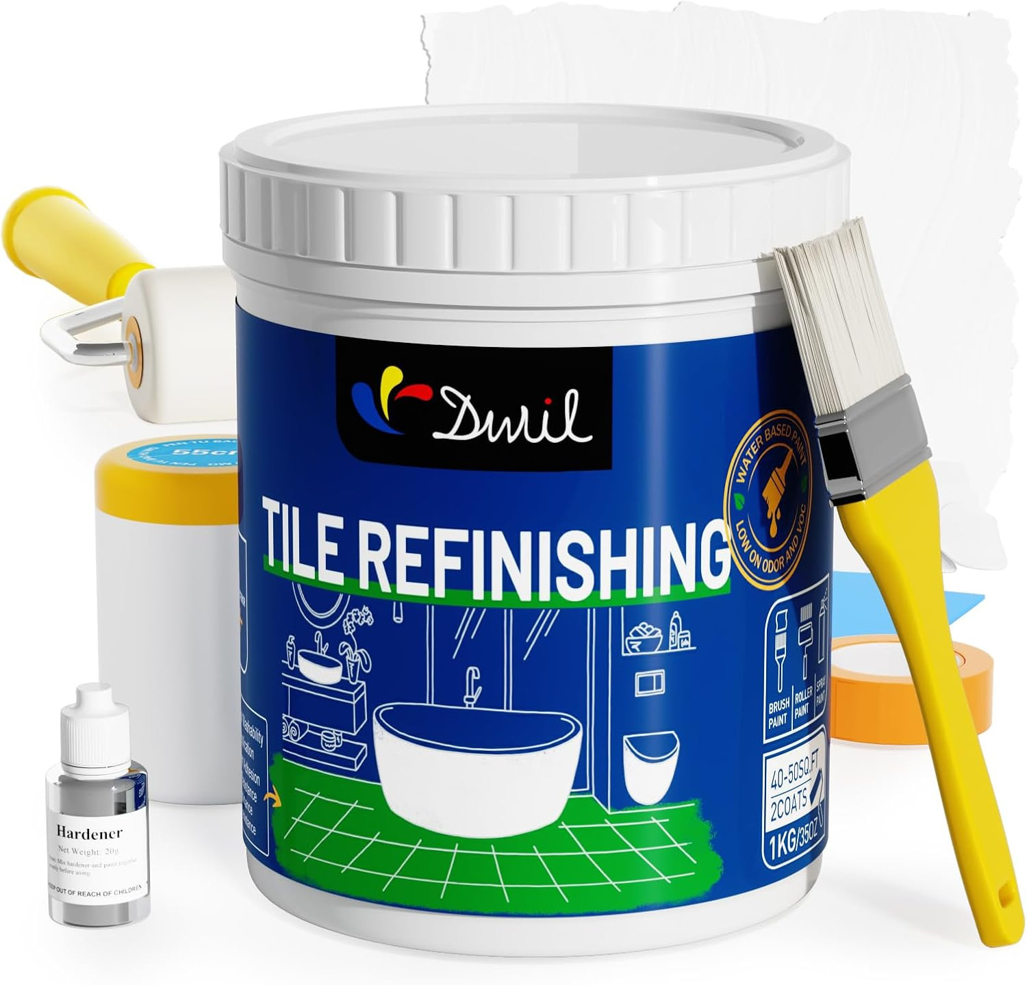 Easy Tub & Tile Refinishing Kit – White Water-Based Paint & Tools, 35oz