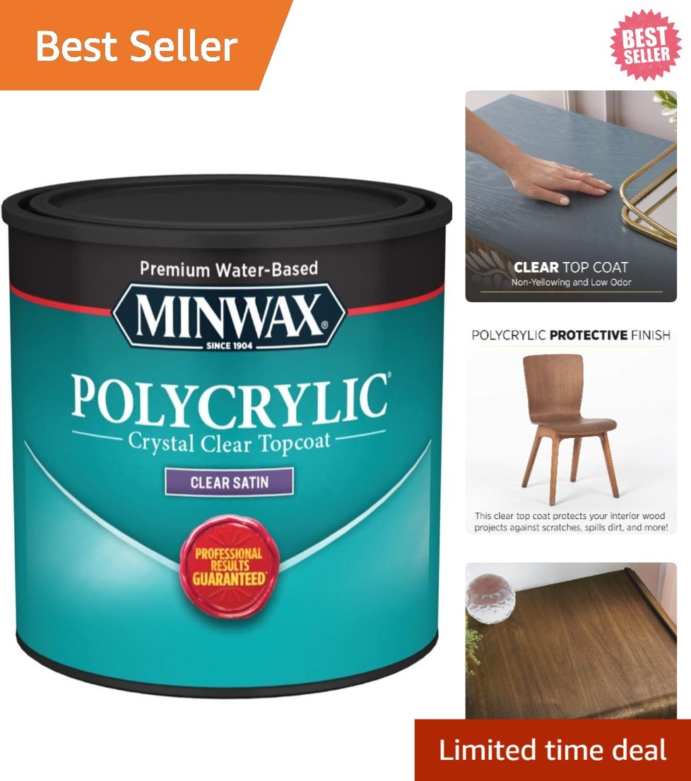Minwax Polycrylic Wood Finish – Clear Satin – ½ Pint, Fast-Drying & Protective