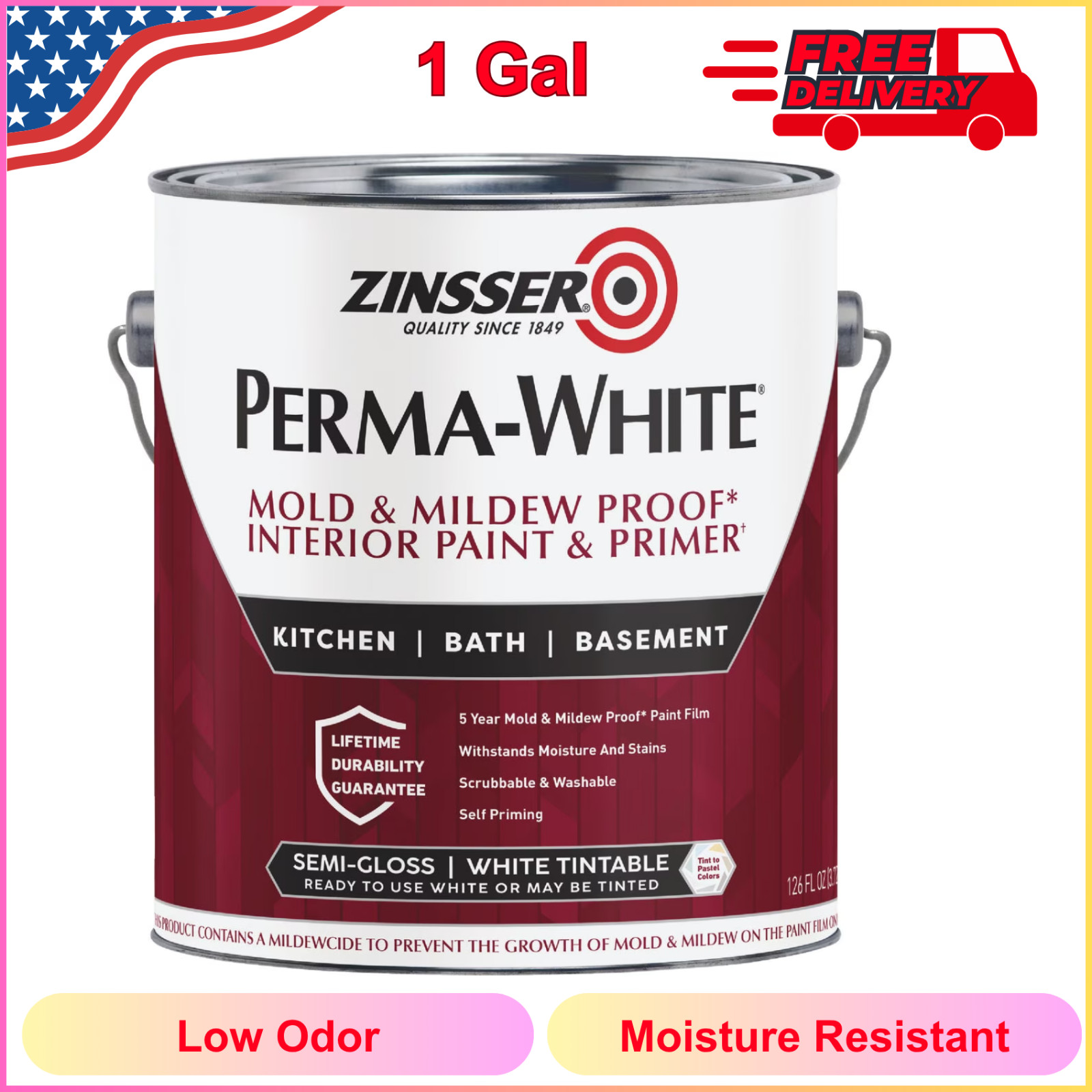 Zinsser Perma-White Semi-Gloss White Water-Based Mold & Mildew-Proof Paint 1 Gal