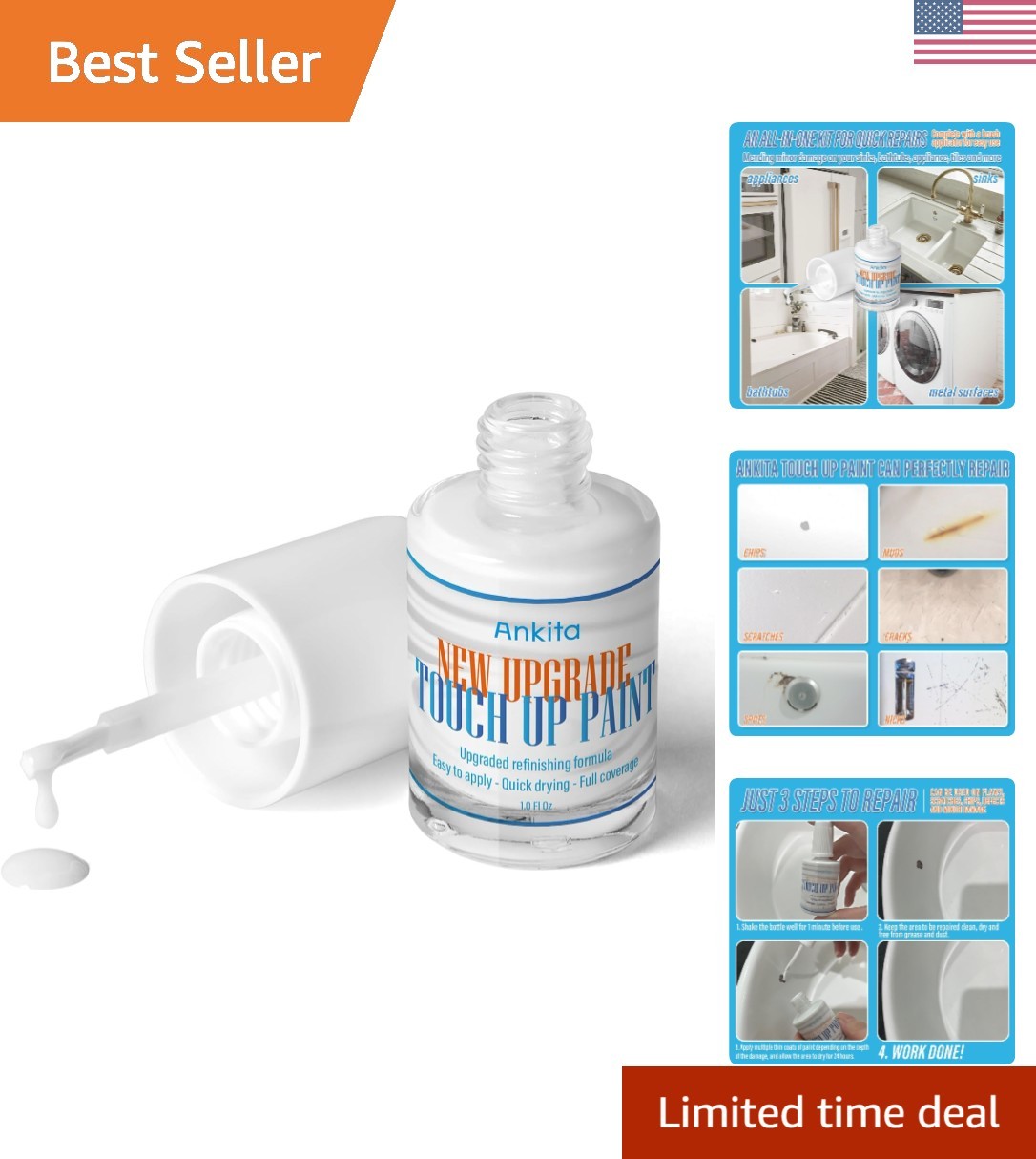 Durable Gloss White Repair Paint for Appliances, Sinks, and Tiles – Quick Drying