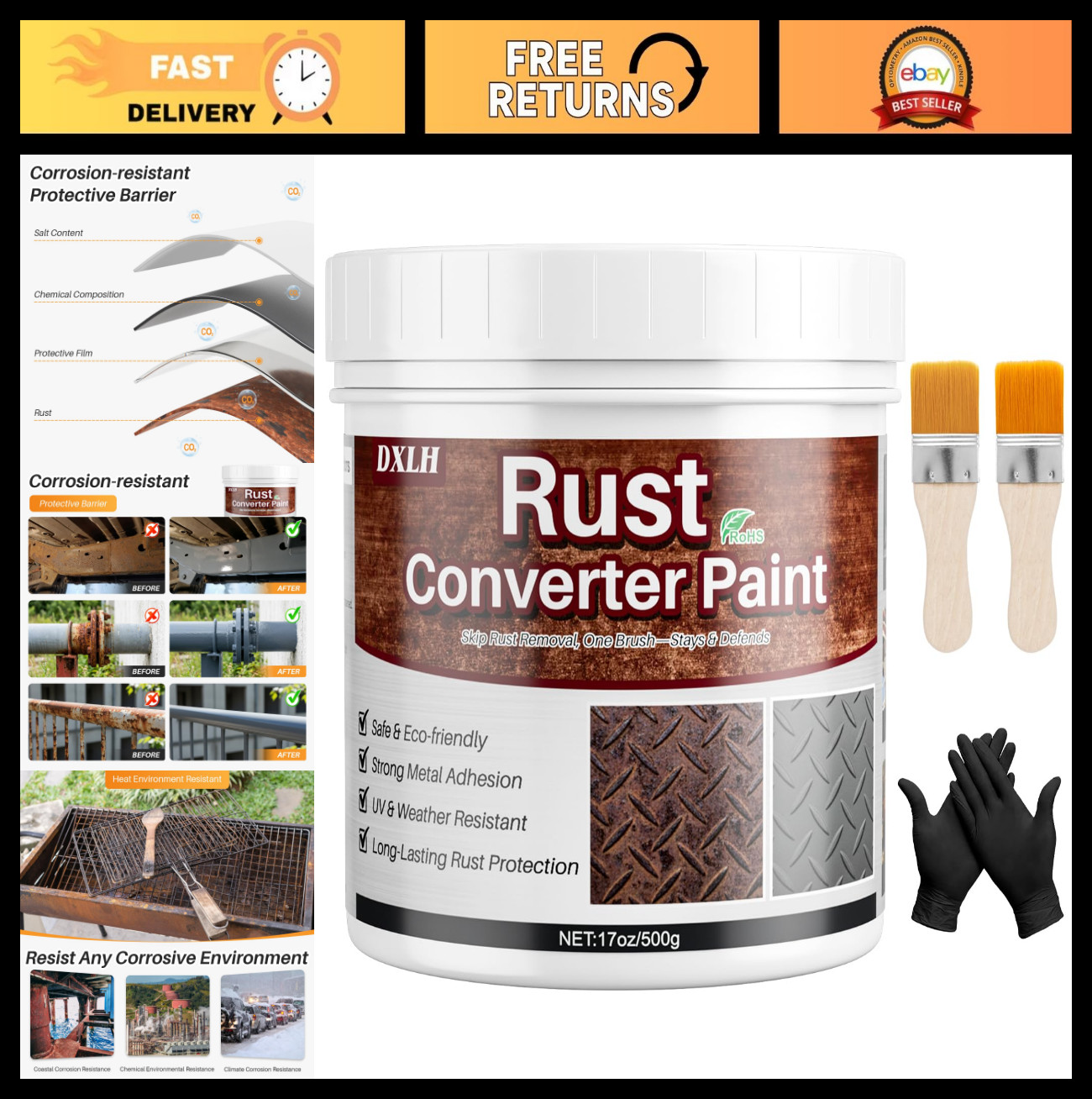 2-in-1 Rust Converter & Metal Primer, 17oz Gray Direct-to-Rust Paint, UV Resista