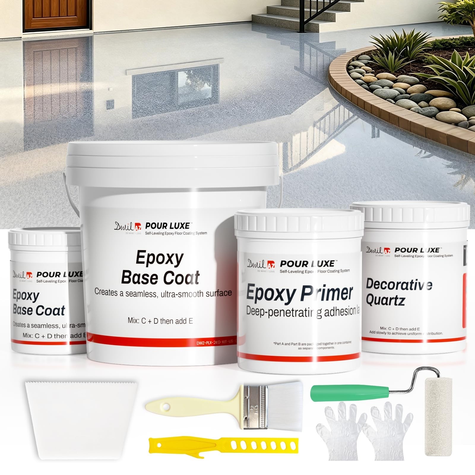 Epoxy Floor Paint Kit with Colored Sand – Non-Slip Marble Finish, Self-Leveling,