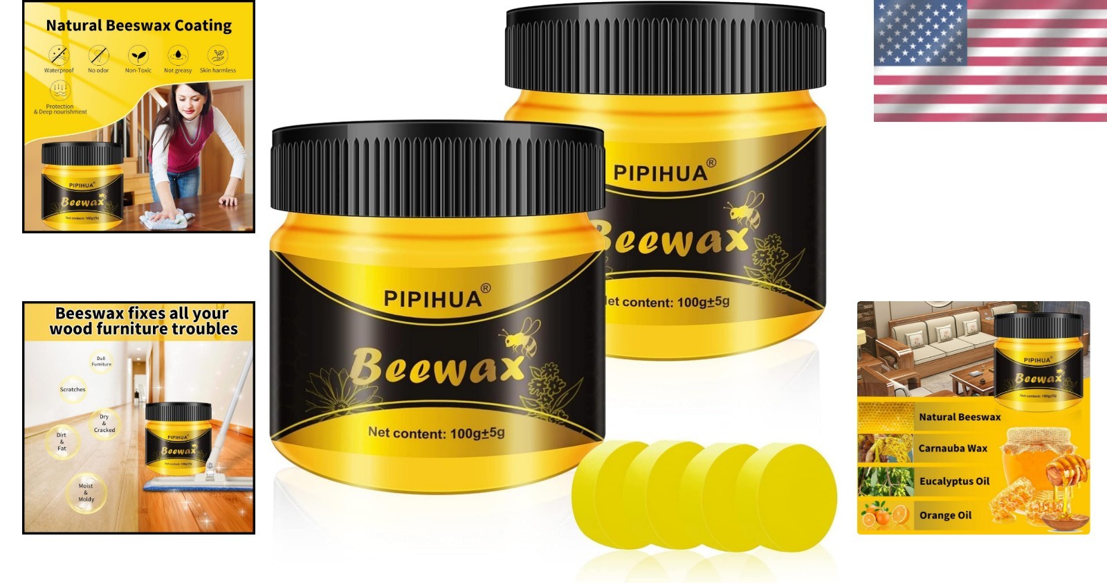 Multipurpose Natural Beeswax Polish for Wood – Waterproof Restore Kit w/ Sponges