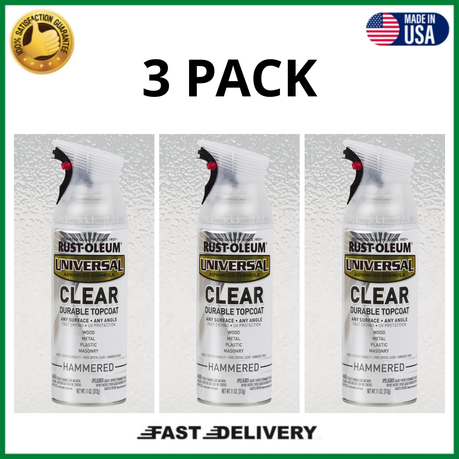 Rust-Oleum Universal Clear Gloss Hammered Spray Paint 11oz All Surface, 3 Pack