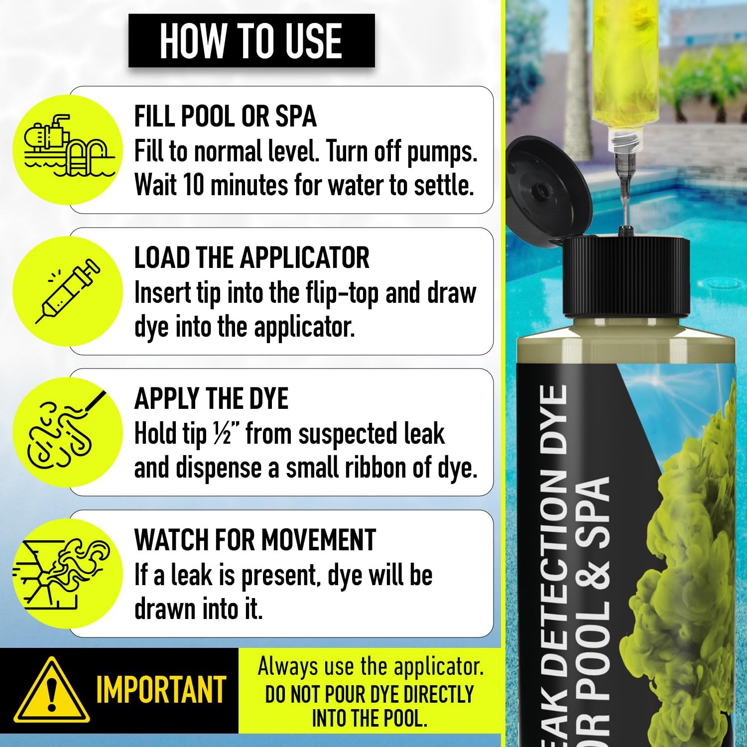 Pool Leak Detection Dye Kit – with 2 Precision Applicators Fluorescent Yellow