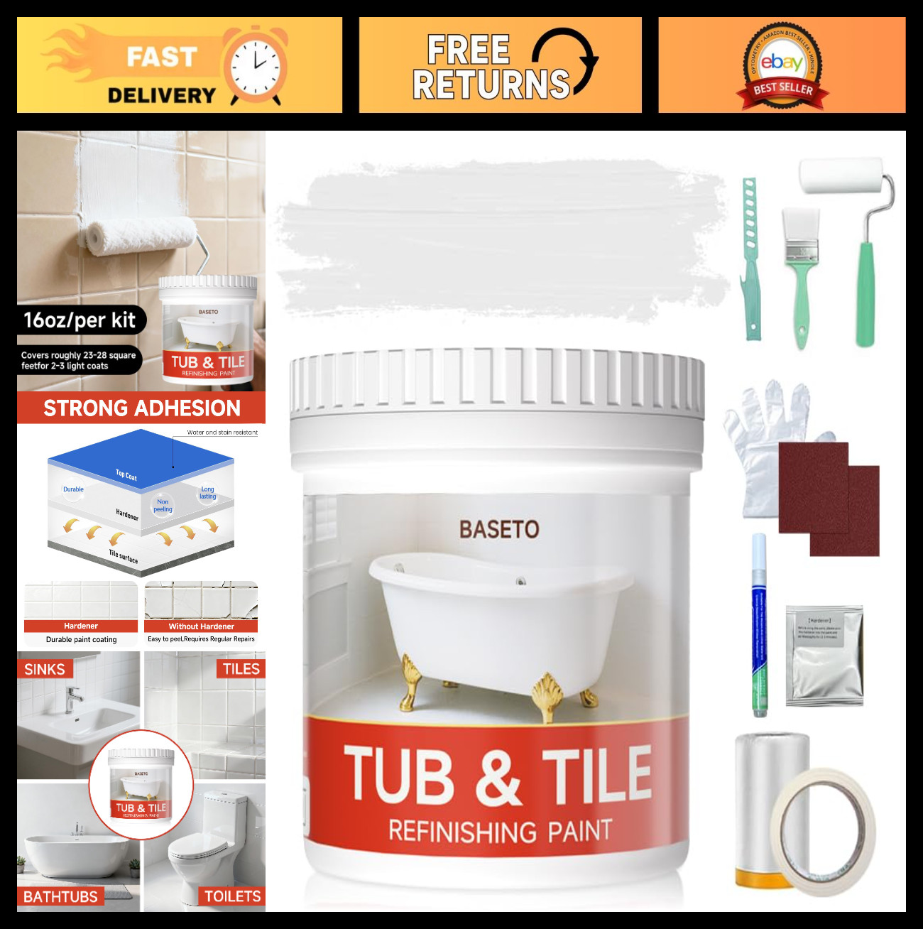 16oz Tub & Tile Refinishing Kit – Easy Use White Bathtub Paint, Low Odor, Semi-G