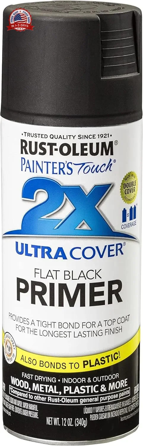 Rust-Oleum 249846 Painter’s Touch 2X Ultra Cover Spray Primer 12 Oz, Flat Black