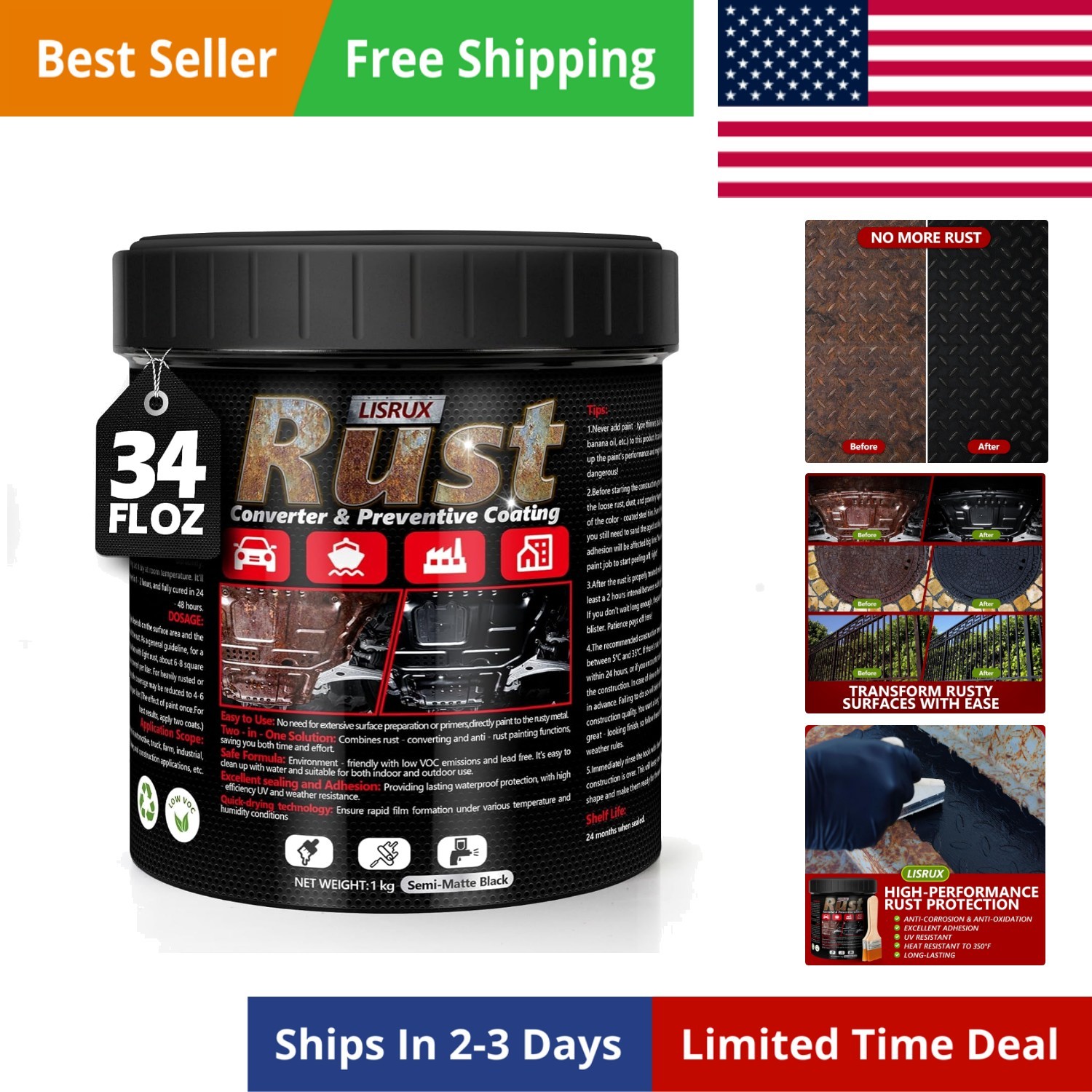 4-in-1 Rust Converter & Metal Primer, 34 Fl Oz Black Rust Inhibitor Paint for…