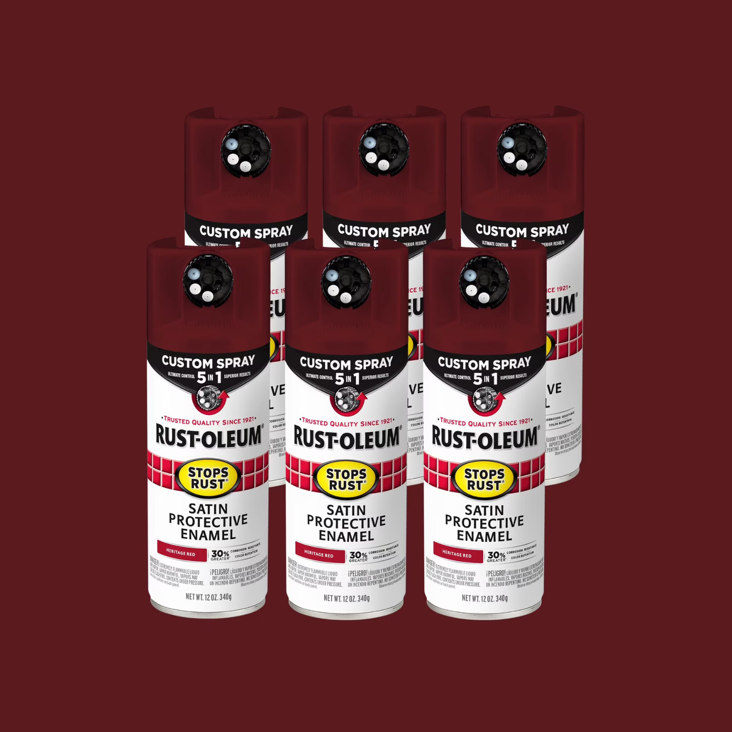 Rust-Oleum Stops Rust Custom Spray 5-in-1 Satin Heritage Red 12oz 6 Pack