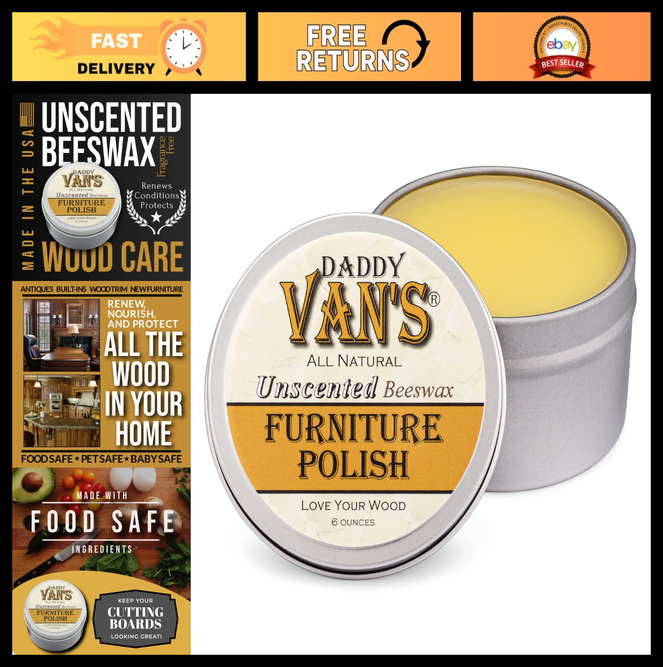 Natural Beeswax Furniture Polish – Unscented Food-Safe Wood Wax for Cabinets, An
