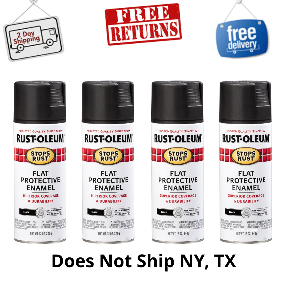 (4 Pack) Rust Oleum Black Spray Paint Stops Rust Flat Protective Enamel, 12 oz