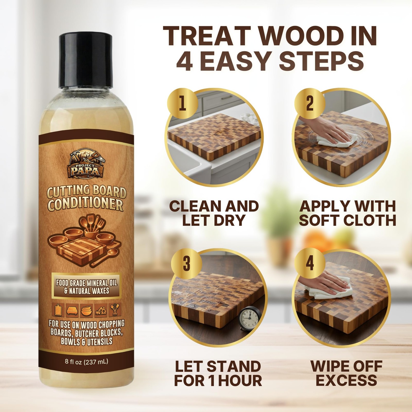 Project Papa Cutting Board Conditioner – Food 8 Fl Oz (Pack of 1), Natural