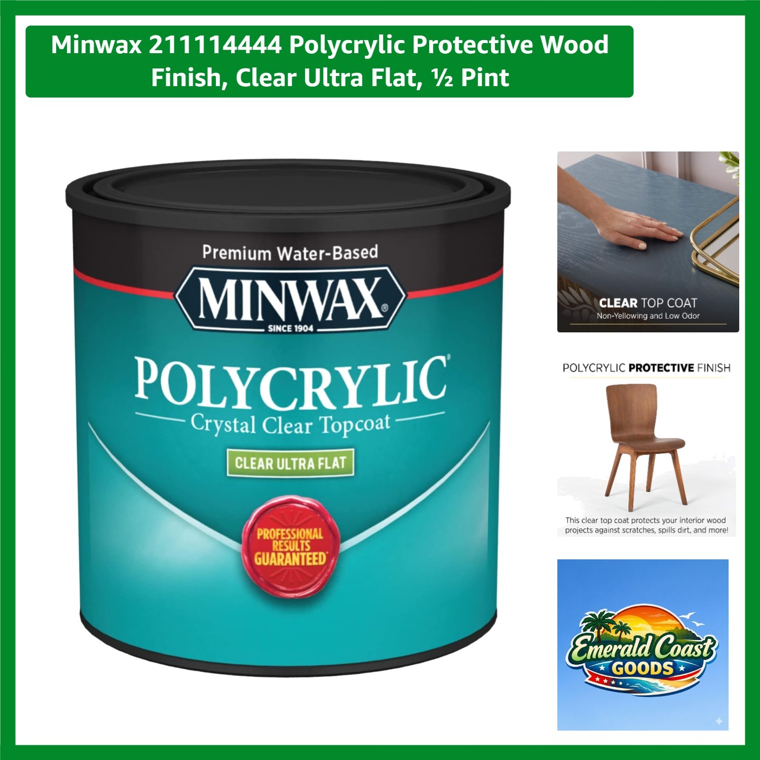 211114444 Polycrylic Protective Wood Finish, Clear Ultra Flat, ½ Pint