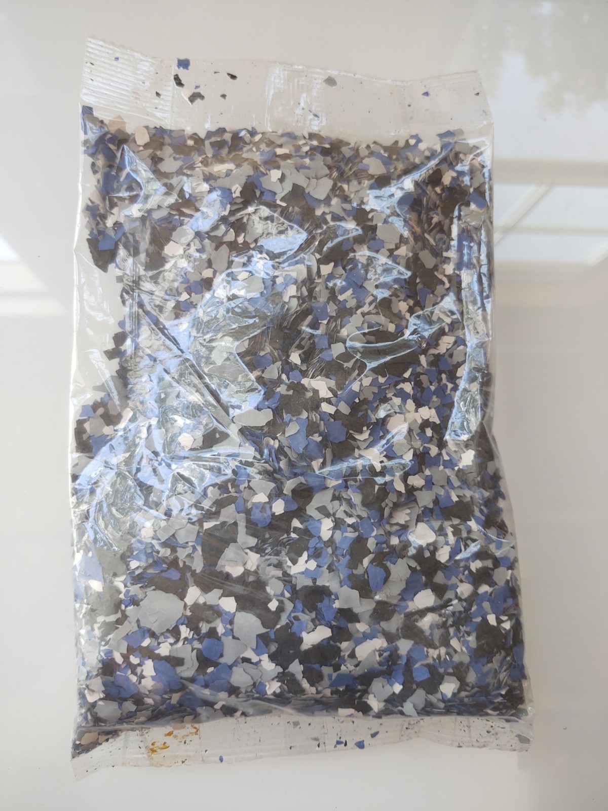 Epoxy Floor Color Flakes / Vinyl Chips – Blue Gray Black White Mix Unopened Bag