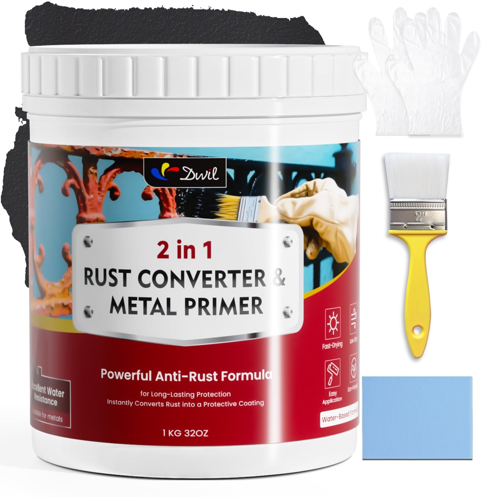 Rust Converter & Primer for Metal – 2-in-1 Protective Coating, 32 oz, Black