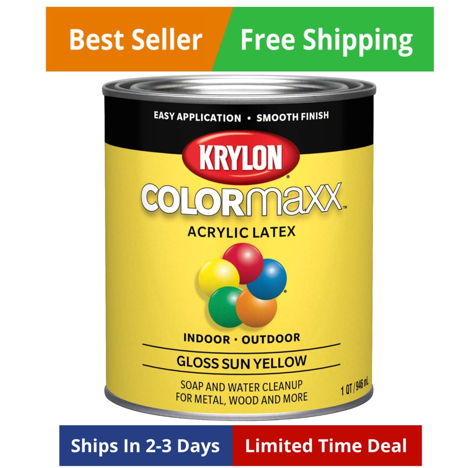 ColorMaxx Gloss Interior/Exterior Acrylic Latex Paint, Sun Yellow, 1 Qt. – 1 …