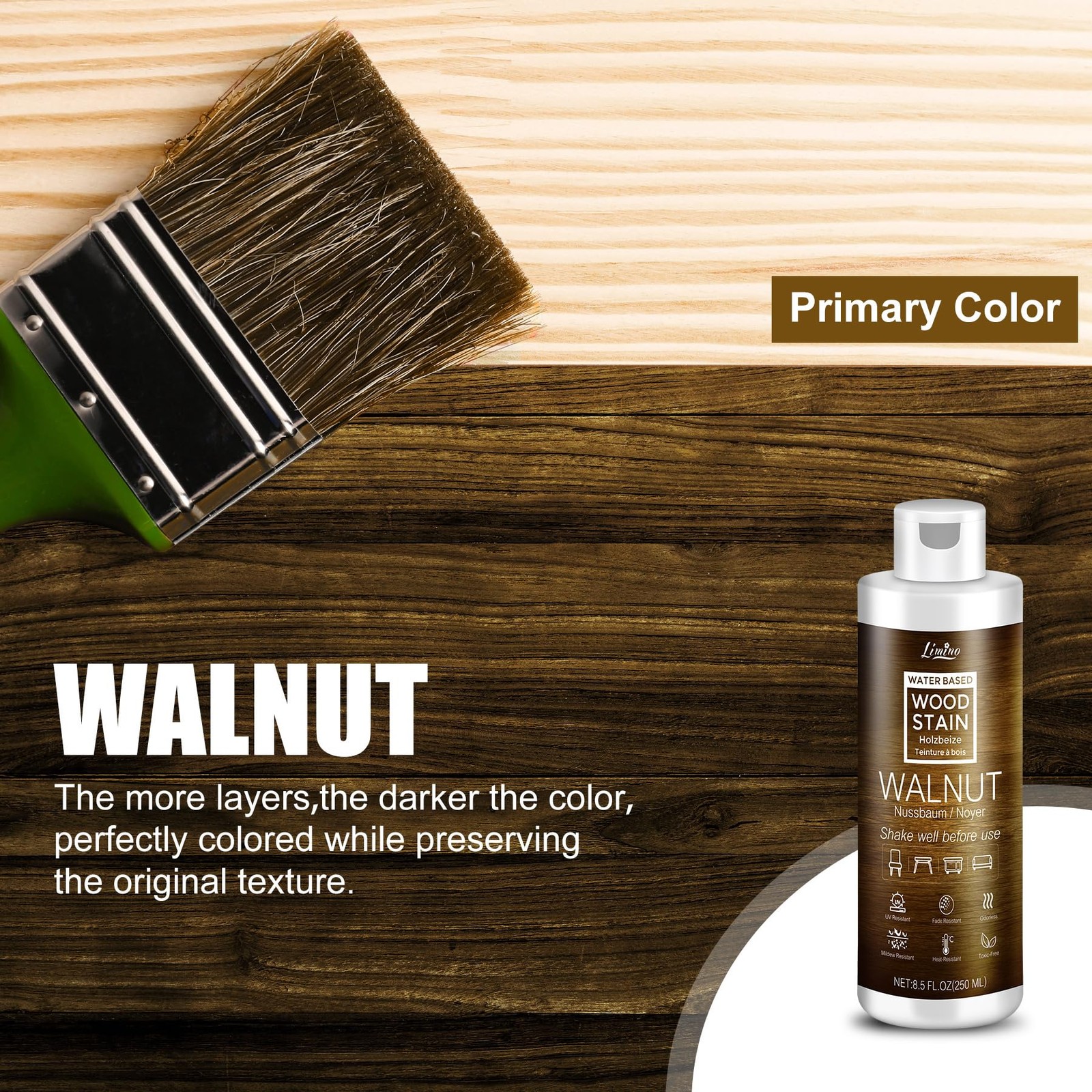 Wood Stain Walnut Water Based Indoor & Outdoor 8.5fl.oz 250ml