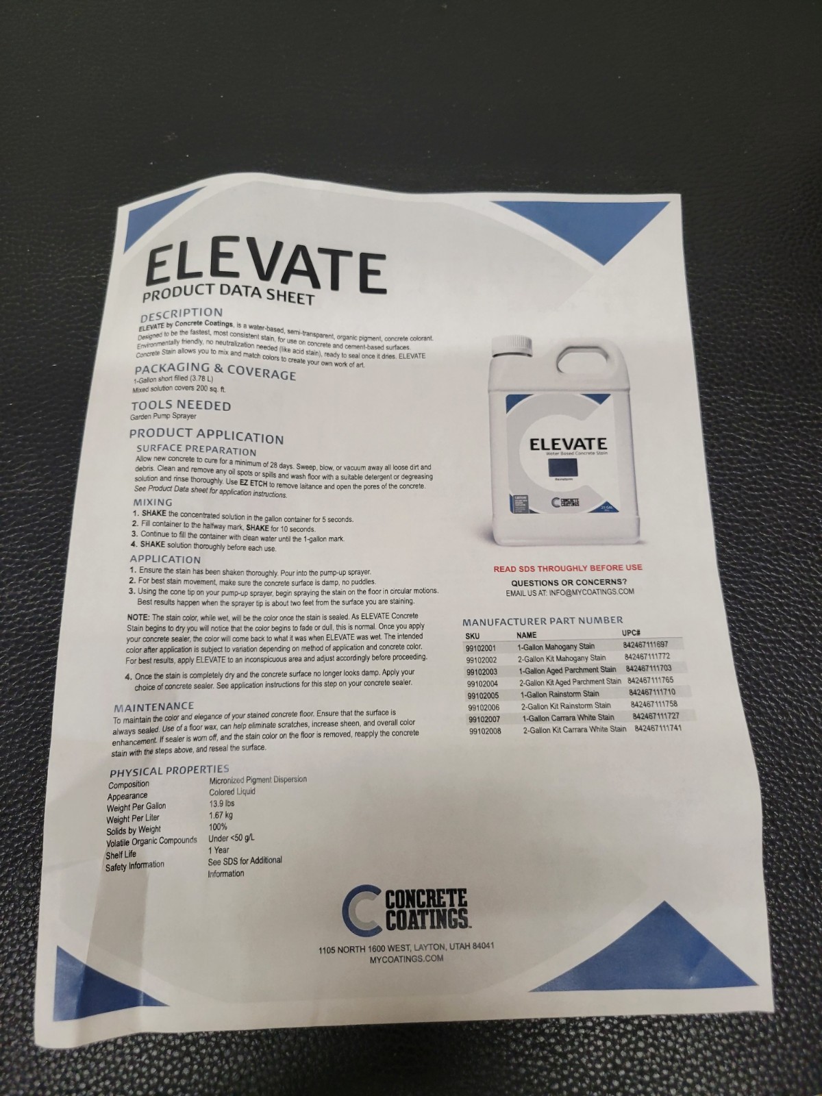 Elevate Water-Based Concrete Stain, Carrara White, Organic, Makes 2 Gallons