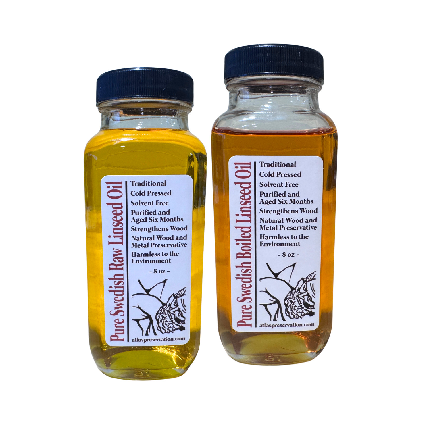 Pure Swedish Linseed Oil COMBO – 8oz Raw + 8oz Boiled Glass Jars